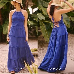 By Anthropologie Gauze Cover Up Maxi Dress Dark Blue Size XS Smocked Bohemian